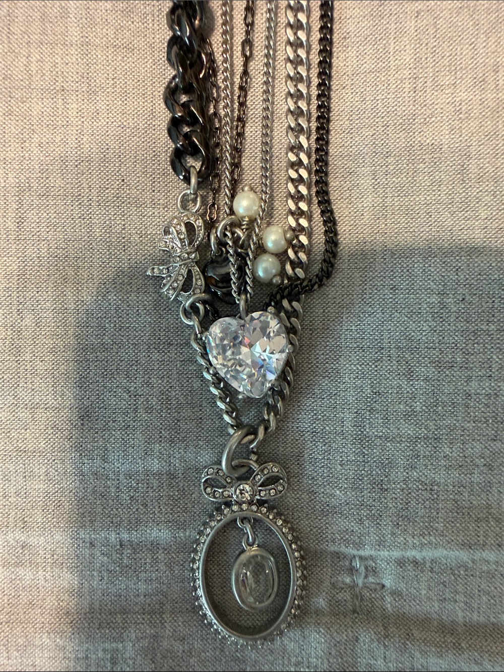 Juicy couture Layered Silver Heart Pendant Necklace with Pearls and Bow Charm